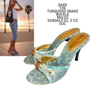 💎 RARE VINTAGE Y2K BUCKLE Denim & Snake Mules 5.5🦋🐍